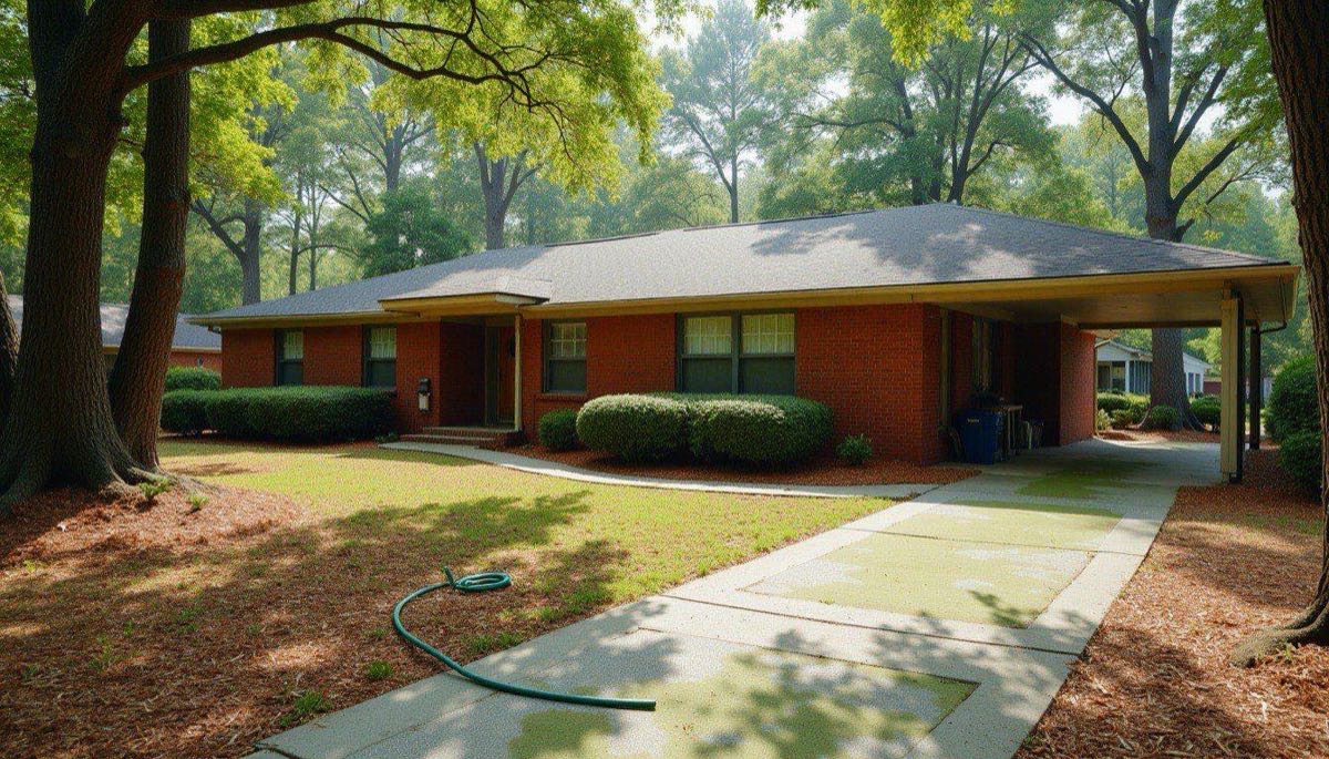 Brick ranch house under tall pines in Cottondale with a green-tinged concrete walkway and a hose coiled by the carport