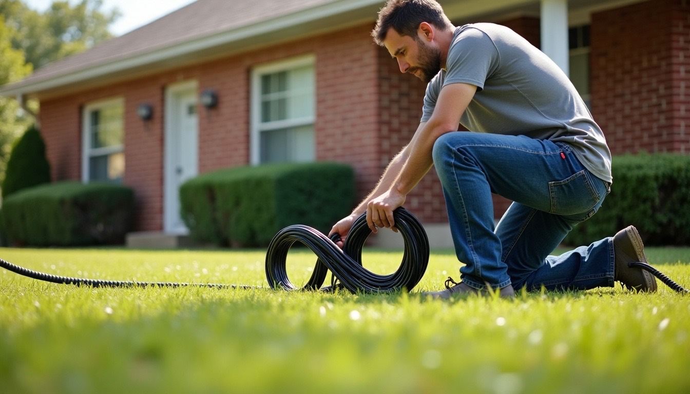 Worker in a plain shirt winding a pressure hose onto a reel on the lawn beside a clean brick home