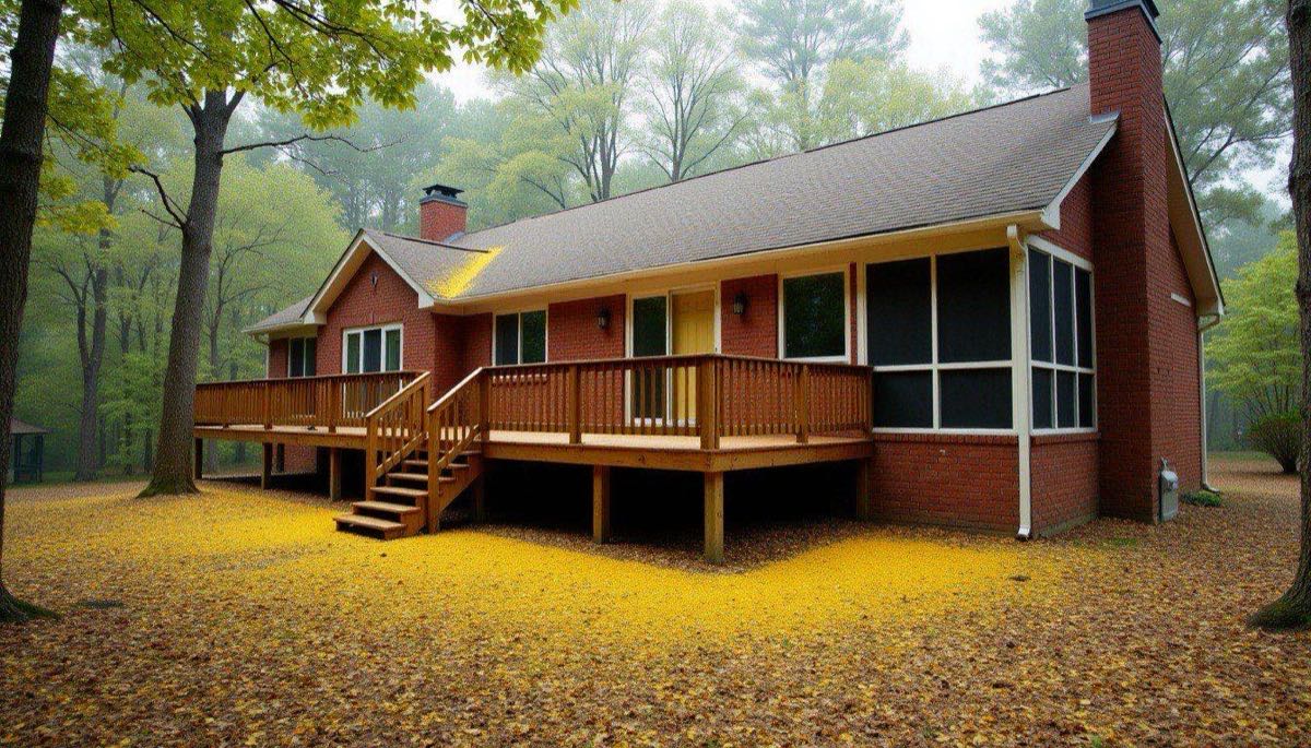 Brick home with a wood deck and screened porch on a wooded Duncanville lot, pollen on the porch floor and pines and oaks overhead