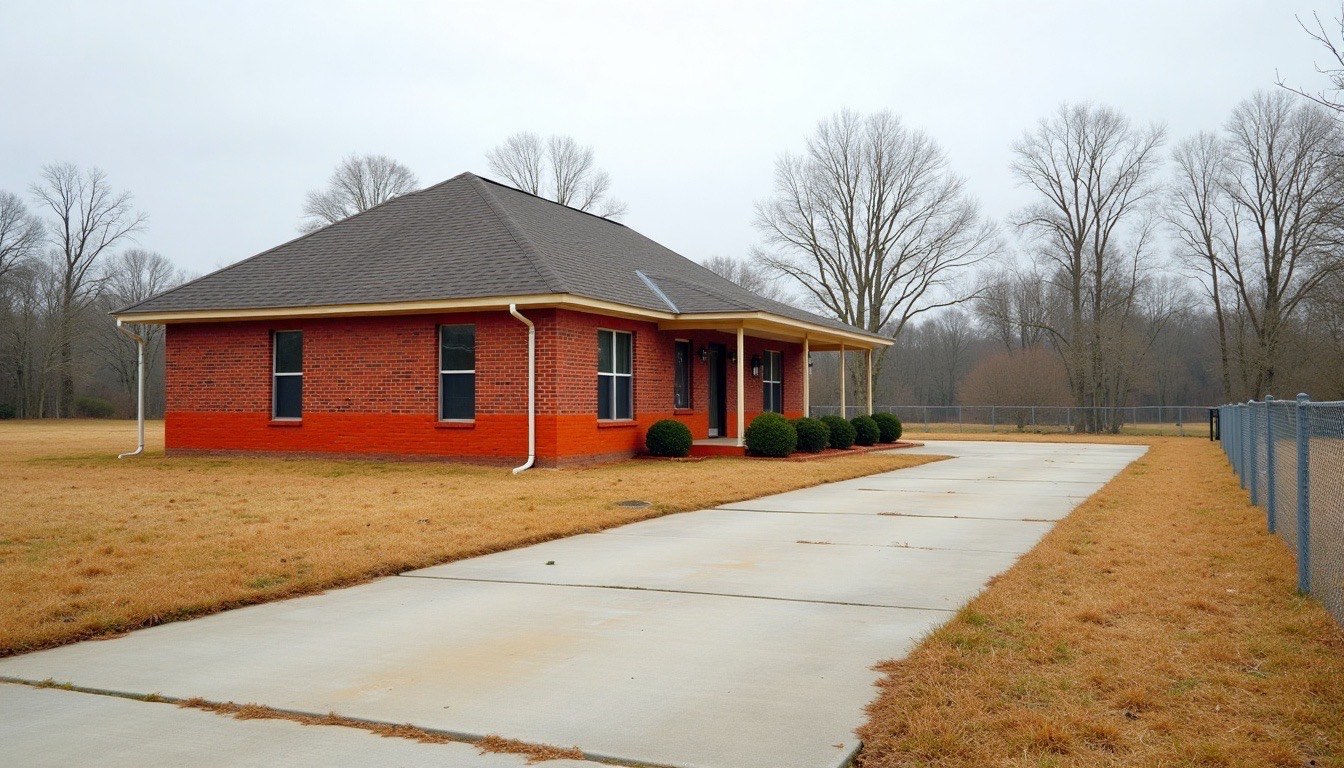 Brick ranch house on a wide rural lot in Fosters with red clay splashed along the foundation and a long concrete driveway
