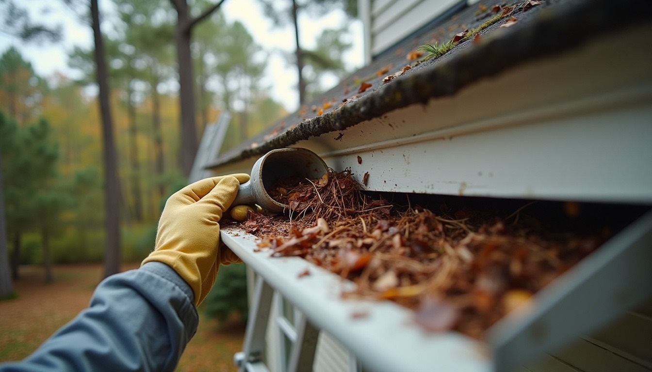 Gloved hand scooping wet pine straw and oak leaves out of a white aluminum gutter with a ladder against the fascia and pines overhead