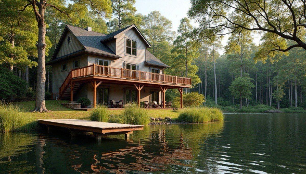 Newer two-story house in Lake View with a wood deck overlooking a small lake, hardwood trees and a dock at the water