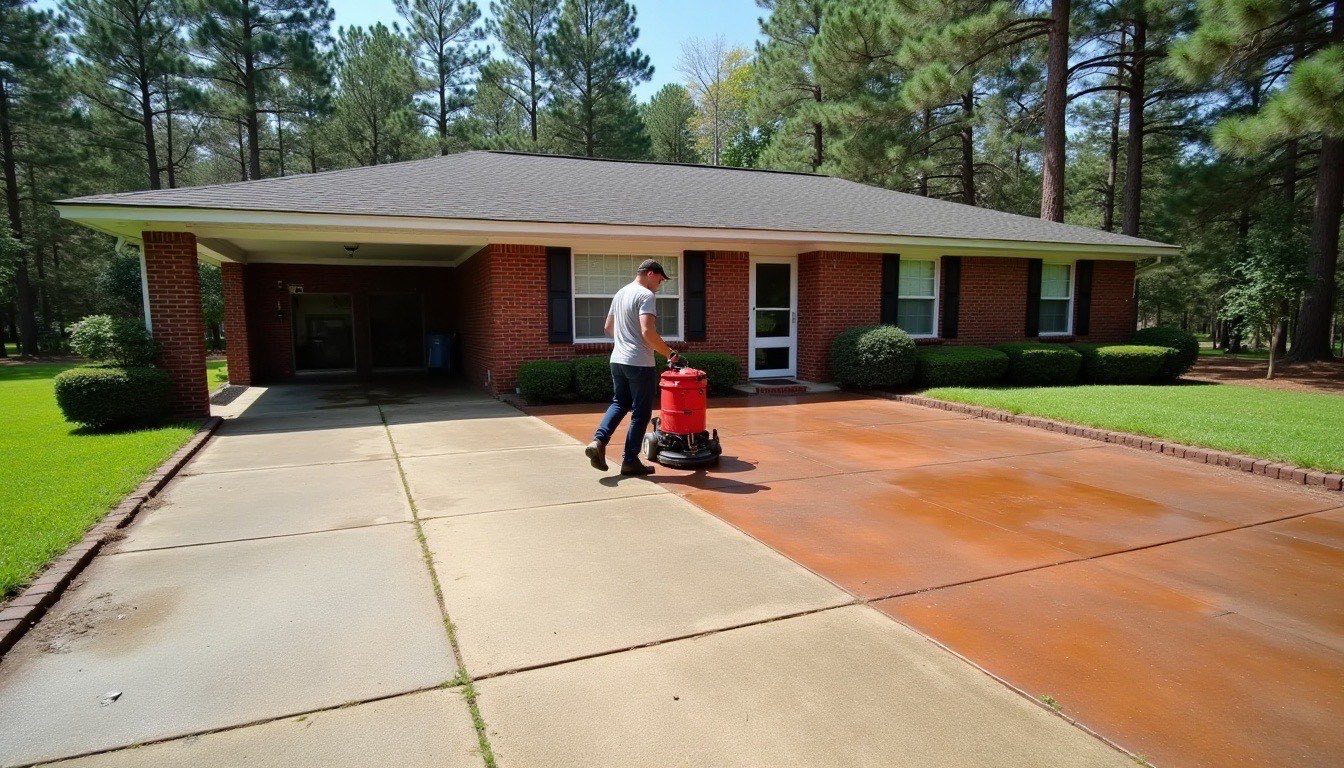 1950s red brick ranch house in Moundville with a carport, half of the concrete driveway freshly cleaned and the other half still stained with red clay