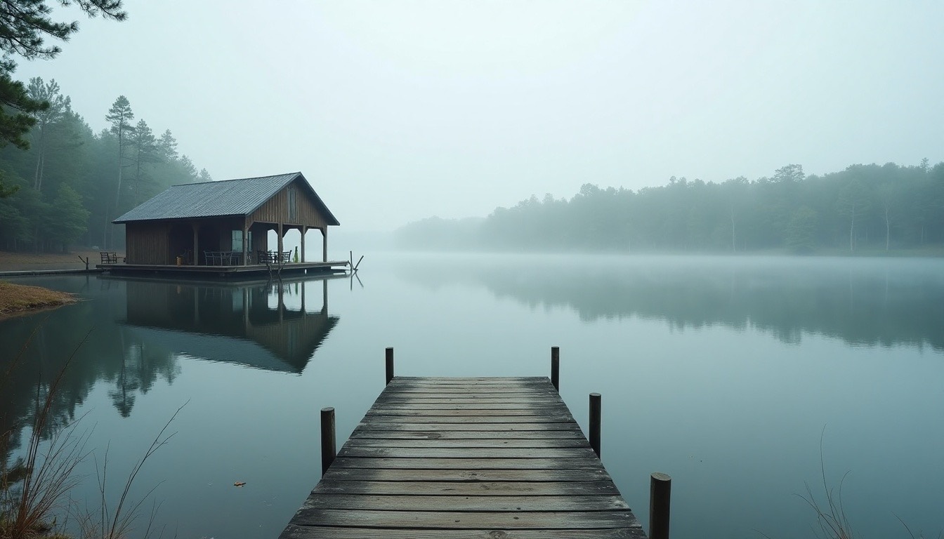 Lake house on the upper end of Lake Tuscaloosa near Samantha with a grey wood dock and boathouse and a pine shoreline