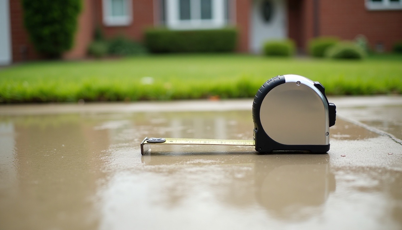 Tape measure laid across a freshly cleaned wet concrete driveway in front of a brick home