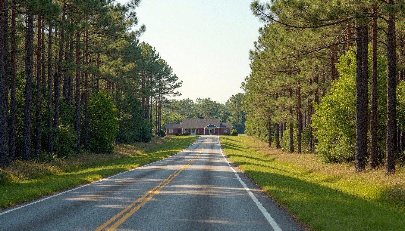Two-lane highway through pine woods and pasture in Tuscaloosa County with a brick ranch home set back from the road