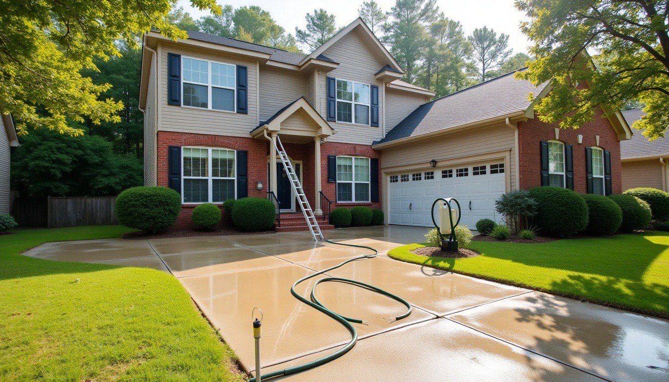 Two-story brick and vinyl home mid-wash with a clean wet driveway, a ladder at the gutters and a hose reel on the lawn