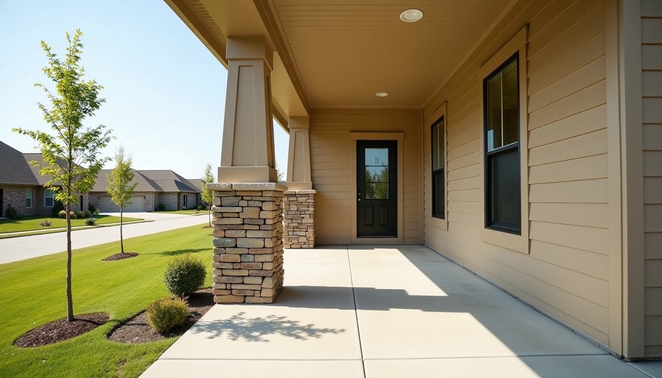 Craftsman-style vinyl and stone home in a new Vance subdivision with a wide concrete driveway and young trees in the front yard